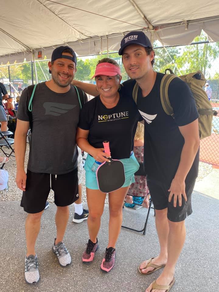 Jared Paul and Dane Iliff, founders of The Kitchen Pickleball Facebook community with Lauren Stratman at the US Pickleball Championship